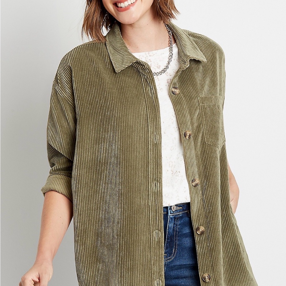 Oversized Olive Corduroy Button-Up Shirt- M See Measurments